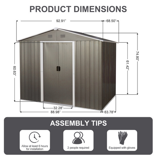 A2ZHOME 8ft x 6ft Outdoor Metal Storage Shed with Floor Base: Sturdy and Stylish Storage Solution in Gray