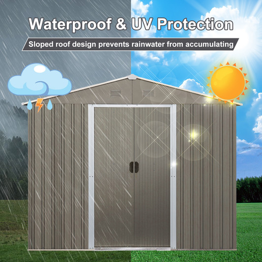 A2ZHOME 8ft x 6ft Outdoor Metal Storage Shed with Floor Base: Sturdy and Stylish Storage Solution in Gray