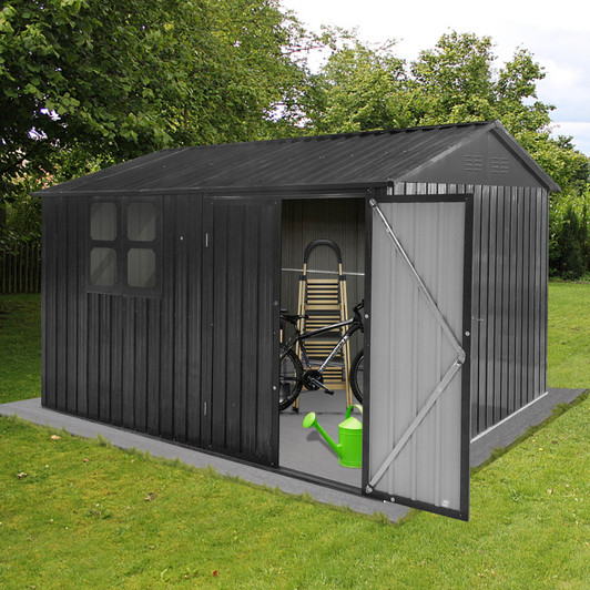 A2ZHOME Metal Garden Shed 10ft x 8ft: Durable Outdoor Storage Solution in Dark-Grey with Window
