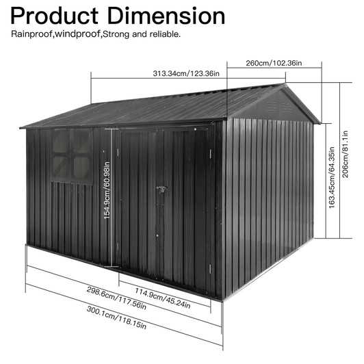 A2ZHOME Metal Garden Shed 10ft x 8ft: Durable Outdoor Storage Solution in Dark-Grey with Window