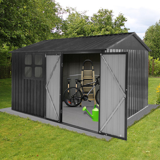 A2ZHOME Metal Garden Shed 10ft x 8ft: Durable Outdoor Storage Solution in Dark-Grey with Window