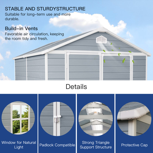 A2ZHOME 6x8ft Resin Outdoor Storage Shed Kit: Ideal Solution for Storing Patio Furniture in Grey