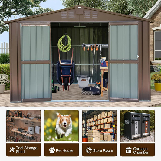 A2ZHOME Outdoor Storage Shed 10'x8': Spacious Metal Tool Shed with Lockable Double Doors in Brown