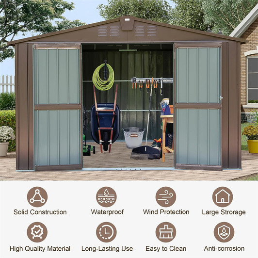A2ZHOME Outdoor Storage Shed 10'x8': Spacious Metal Tool Shed with Lockable Double Doors in Brown