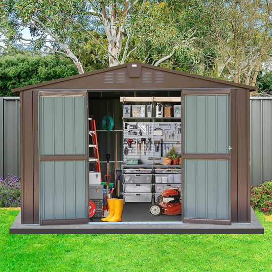 A2ZHOME Outdoor Storage Shed 10'x8': Spacious Metal Tool Shed with Lockable Double Doors in Brown