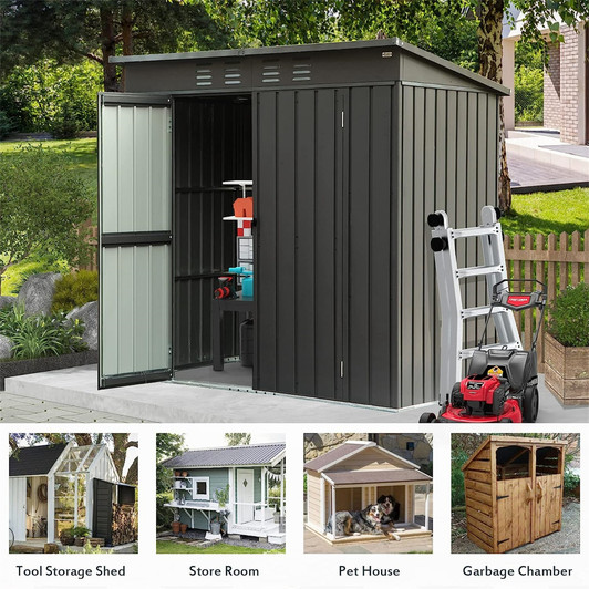A2ZHOME Backyard Storage Shed 6x4ft: Galvanized Steel Garden Shed with Sloping Roof and Lockable Door in Black
