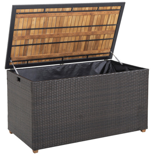A2ZHOME 134 Gallon Rattan Storage Box with Zippered Liner and Solid Acacia Wood Top: Elegant and Functional Outdoor Storage