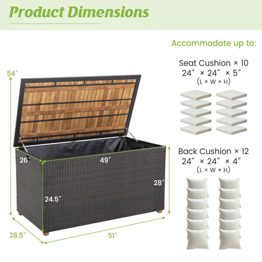 A2ZHOME 134 Gallon Rattan Storage Box with Zippered Liner and Solid Acacia Wood Top: Elegant and Functional Outdoor Storage