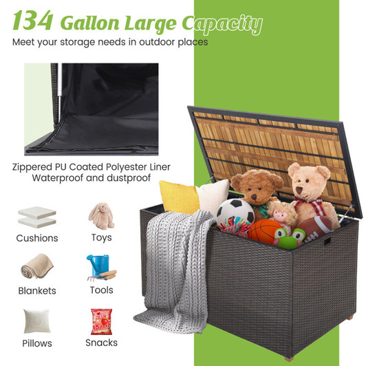 A2ZHOME 134 Gallon Rattan Storage Box with Zippered Liner and Solid Acacia Wood Top: Elegant and Functional Outdoor Storage