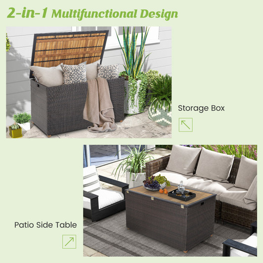 A2ZHOME 134 Gallon Rattan Storage Box with Zippered Liner and Solid Acacia Wood Top: Elegant and Functional Outdoor Storage