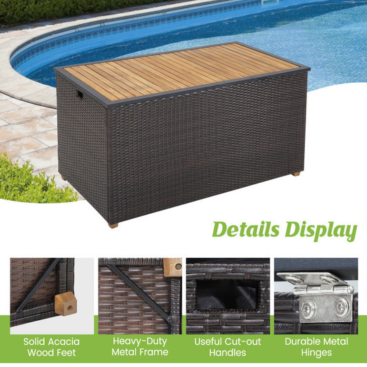 A2ZHOME 134 Gallon Rattan Storage Box with Zippered Liner and Solid Acacia Wood Top: Elegant and Functional Outdoor Storage
