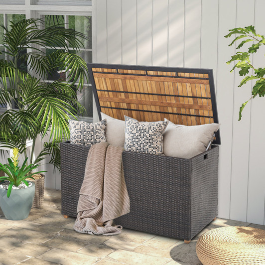 A2ZHOME 134 Gallon Rattan Storage Box with Zippered Liner and Solid Acacia Wood Top: Elegant and Functional Outdoor Storage