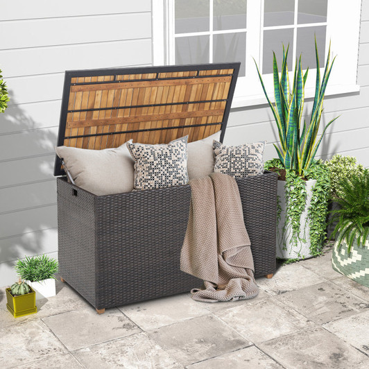 A2ZHOME 134 Gallon Rattan Storage Box with Zippered Liner and Solid Acacia Wood Top: Elegant and Functional Outdoor Storage