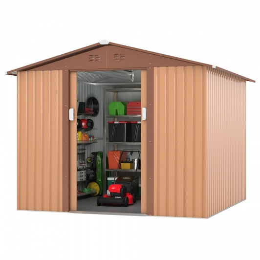 A2ZHOME 8' x 8' Outdoor Storage Shed Double Sliding Doors: Durable, Spacious, and Ventilated Storage in a Stylish Coffee Finish