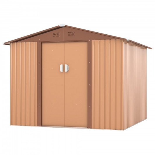 A2ZHOME 8' x 8' Outdoor Storage Shed Double Sliding Doors: Durable, Spacious, and Ventilated Storage in a Stylish Coffee Finish