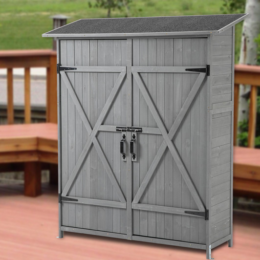 A2ZHOME Outdoor Storage Shed with Lockable Door: Elegant Wooden Tool Shed with Detachable Shelves and Pitch Roof