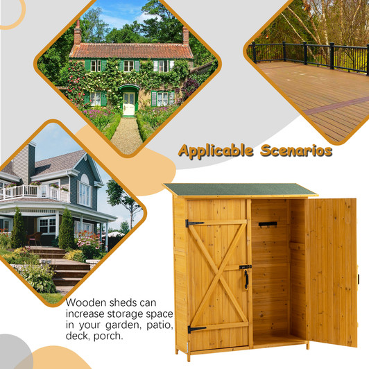 A2ZHOME Outdoor Storage Shed with Lockable Door: Elegant Wooden Tool Shed with Detachable Shelves and Pitch Roof