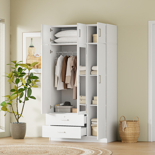 A2ZHOME 3-Door Mirror Wardrobe with 2 Drawers and Top Cabinet - Sleek Storage Solution for Your Bedroom