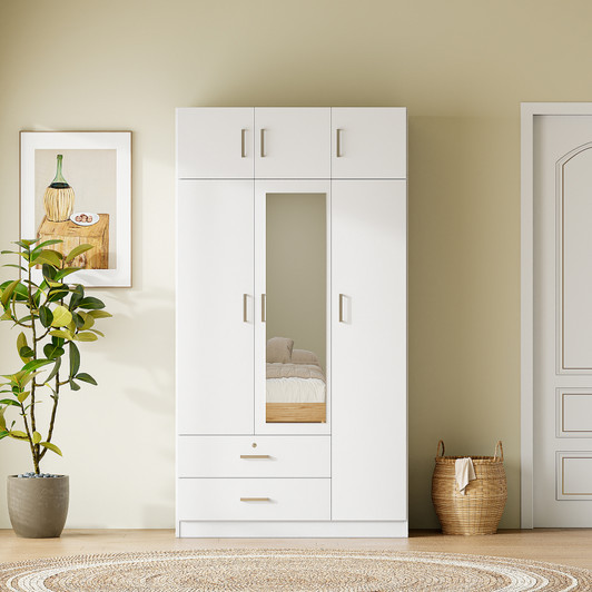 A2ZHOME 3-Door Mirror Wardrobe with 2 Drawers and Top Cabinet - Sleek Storage Solution for Your Bedroom
