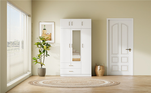 A2ZHOME 3-Door Mirror Wardrobe with 2 Drawers and Top Cabinet - Sleek Storage Solution for Your Bedroom