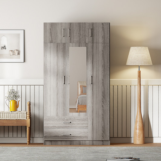A2ZHOME 3-Door Mirror Wardrobe with 2 Drawers and Top Cabinet - Sleek Storage Solution for Your Bedroom