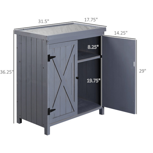 A2ZHOME Garden Storage Cabinet - Outdoor Tool Shed with Galvanized Top and Two Shelves for Yard Tools or Pool Accessories, Grey
