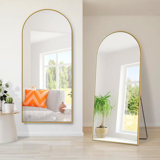 A2ZHOME Dolonm 71x24 Inch Arch Full Length Mirror – Modern Design Standing Floor Mirror with Gold Wooden Frame