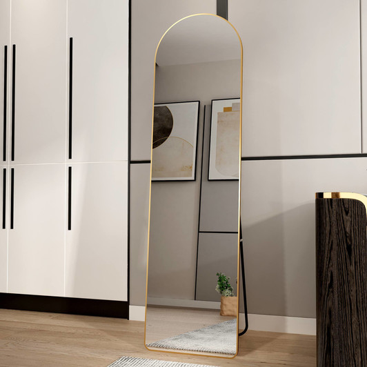 A2ZHOME 1st Generation Floor Mounted Full-Length Mirror, 60"x16.5" Arched Wall Mirror with Gold Aluminum Alloy Frame – Ideal for Bathroom, Bedroom, Porc