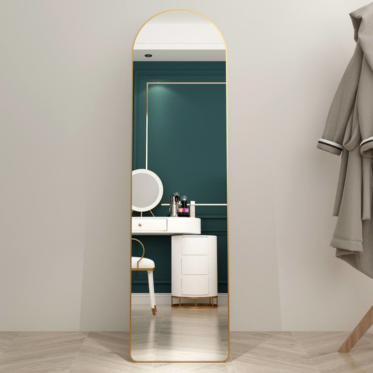 A2ZHOME 1st Generation Floor Mounted Full-Length Mirror, 60"x16.5" Arched Wall Mirror with Gold Aluminum Alloy Frame – Ideal for Bathroom, Bedroom, Porc