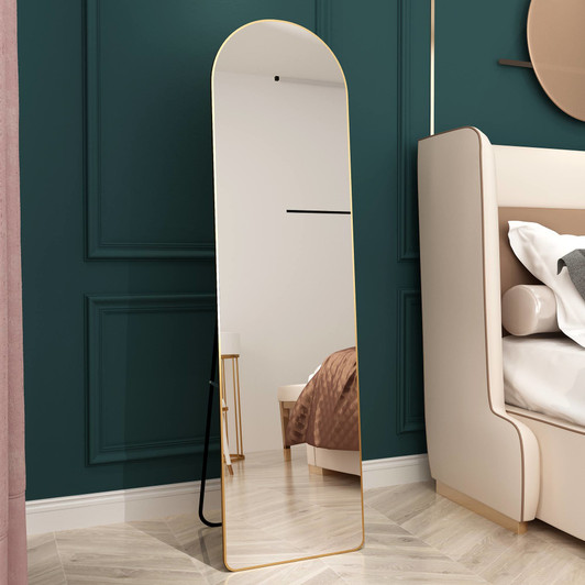 A2ZHOME 1st Generation Floor Mounted Full-Length Mirror, 60"x16.5" Arched Wall Mirror with Gold Aluminum Alloy Frame – Ideal for Bathroom, Bedroom, Porc