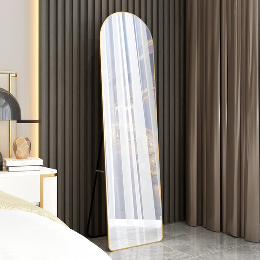 A2ZHOME 1st Generation Floor Mounted Full-Length Mirror, 60"x16.5" Arched Wall Mirror with Gold Aluminum Alloy Frame – Ideal for Bathroom, Bedroom, Porc