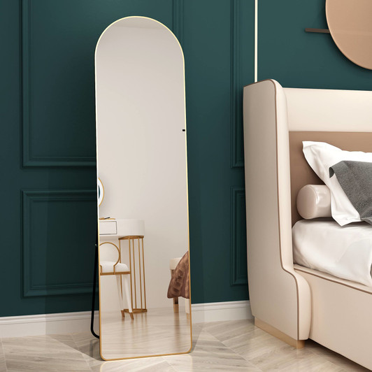 A2ZHOME 1st Generation Floor Mounted Full-Length Mirror, 60"x16.5" Arched Wall Mirror with Gold Aluminum Alloy Frame – Ideal for Bathroom, Bedroom, Porc
