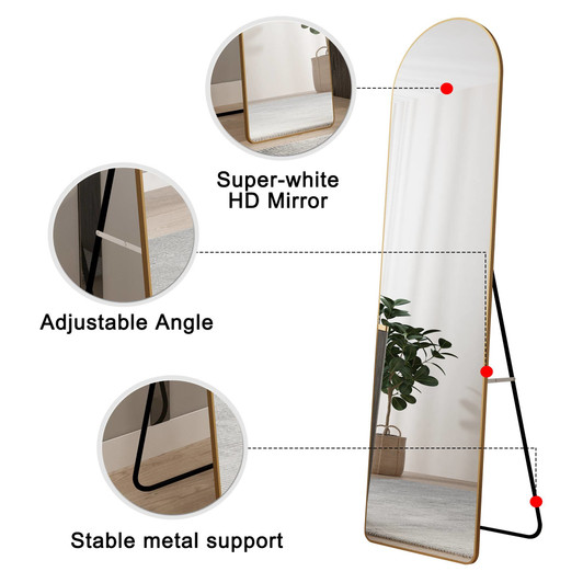 A2ZHOME 1st Generation Floor Mounted Full-Length Mirror, 60"x16.5" Arched Wall Mirror with Gold Aluminum Alloy Frame – Ideal for Bathroom, Bedroom, Porc