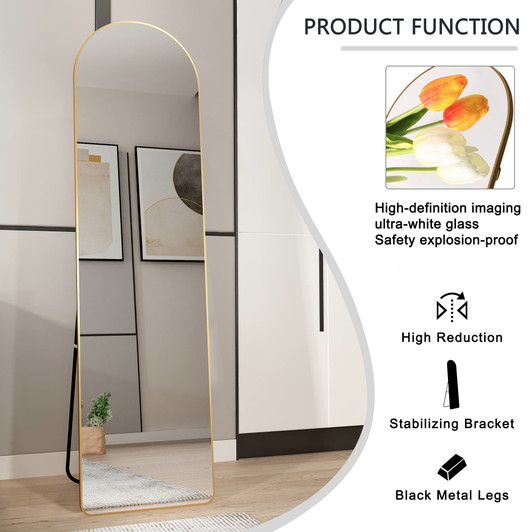 A2ZHOME 1st Generation Floor Mounted Full-Length Mirror, 60"x16.5" Arched Wall Mirror with Gold Aluminum Alloy Frame – Ideal for Bathroom, Bedroom, Porc