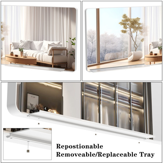 A2ZHOME Oversized Bathroom Mirror with Removable Tray, 72x32 Inches Wall Mount Mirror – Aluminum Framed Full Length Mirror for Bedroom, Living Room, Silver