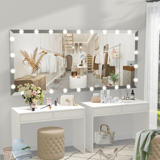 A2ZHOME 72x32 Inch Oversized Vanity Mirror with 3 Color Modes – Lighted Standing Floor Mirror for Dressing Room, Bedroom, Hotel, Silver
