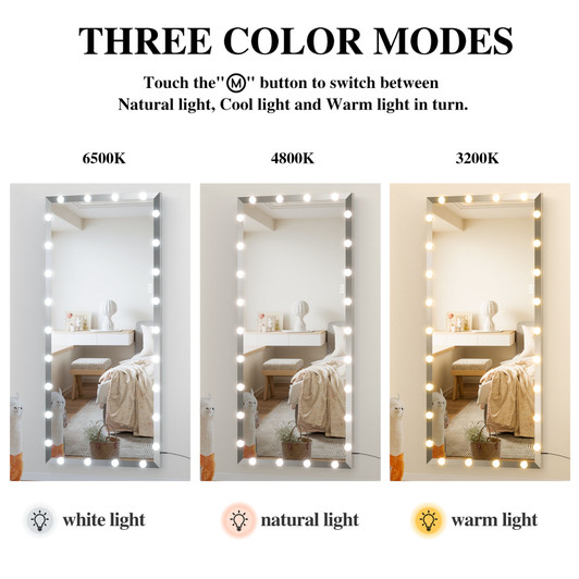 A2ZHOME 72x32 Inch Oversized Vanity Mirror with 3 Color Modes – Lighted Standing Floor Mirror for Dressing Room, Bedroom, Hotel, Silver