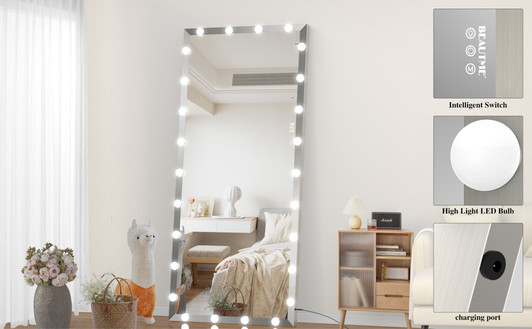 A2ZHOME 72x32 Inch Oversized Vanity Mirror with 3 Color Modes – Lighted Standing Floor Mirror for Dressing Room, Bedroom, Hotel, Silver
