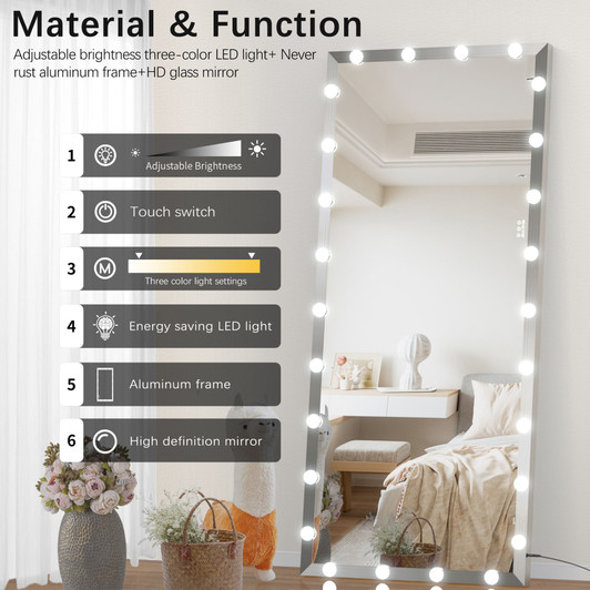 A2ZHOME 72x32 Inch Oversized Vanity Mirror with 3 Color Modes – Lighted Standing Floor Mirror for Dressing Room, Bedroom, Hotel, Silver