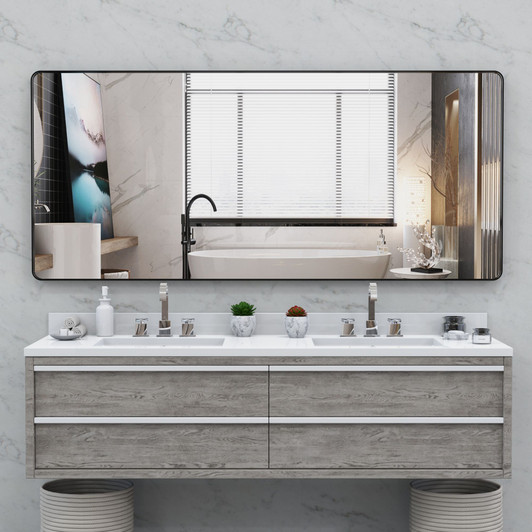 A2ZHOME Oversized Bathroom Mirror with Removable Tray, 72x32 Inch Wall Mount Mirror – Black Aluminum Framed Full
