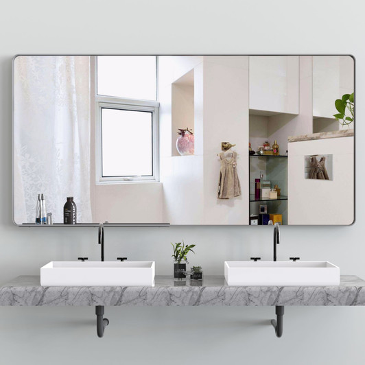 A2ZHOME Silver 72 x 36 Inch Oversized Full-Length Mirror with Mobile Tray – Aluminum Framed Wall-Mounted Mirror for Bedroom, Living Room, Bathroom