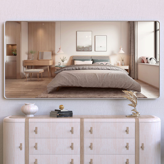 A2ZHOME Silver 72 x 36 Inch Oversized Full-Length Mirror with Mobile Tray – Aluminum Framed Wall-Mounted Mirror for Bedroom, Living Room, Bathroom