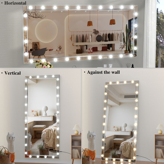 A2ZHOME Hollywood LED Full Body Mirror with Lights, 72 x 36 Inch Extra Large Full-Length Vanity Mirror – Aluminum Framed with 3 Color Modes, Silver