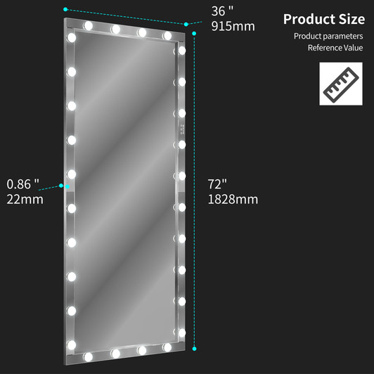 A2ZHOME Hollywood LED Full Body Mirror with Lights, 72 x 36 Inch Extra Large Full-Length Vanity Mirror – Aluminum Framed with 3 Color Modes, Silver