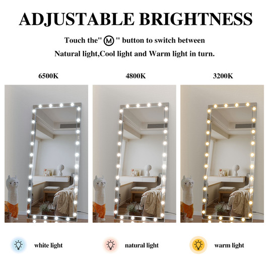 A2ZHOME Hollywood LED Full Body Mirror with Lights, 72 x 36 Inch Extra Large Full-Length Vanity Mirror – Aluminum Framed with 3 Color Modes, Silver