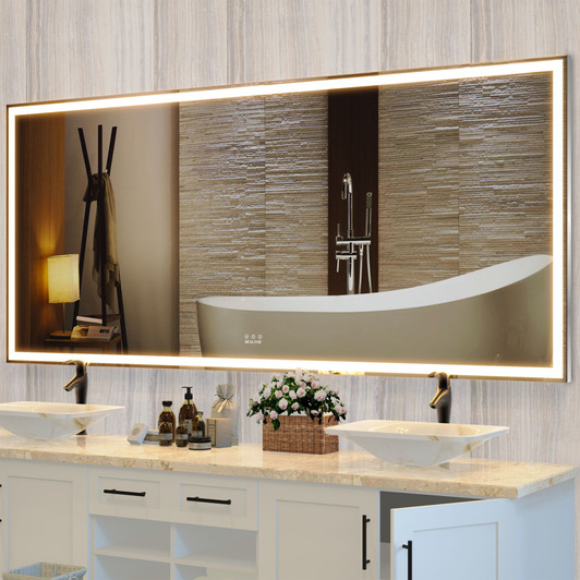 A2ZHOME 72x32 Inch Oversized LED Bathroom Mirror with Lights – Wall Mounted Mirror with 3 Color Modes, Silver Aluminum Frame Full-Length Mirror for Bedroom, Living Room