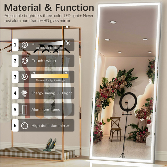 A2ZHOME 72x32 Inch Oversized LED Bathroom Mirror with Lights – Wall Mounted Mirror with 3 Color Modes, Silver Aluminum Frame Full-Length Mirror for Bedroom, Living Room