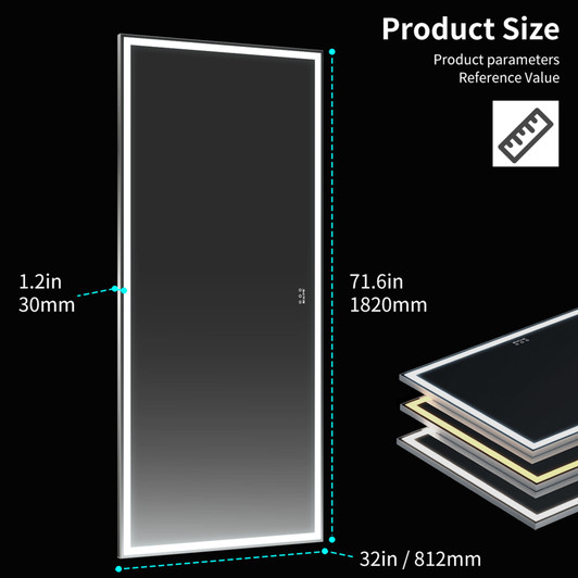A2ZHOME 72x32 Inch Oversized LED Bathroom Mirror with Lights – Wall Mounted Mirror with 3 Color Modes, Silver Aluminum Frame Full-Length Mirror for Bedroom, Living Room