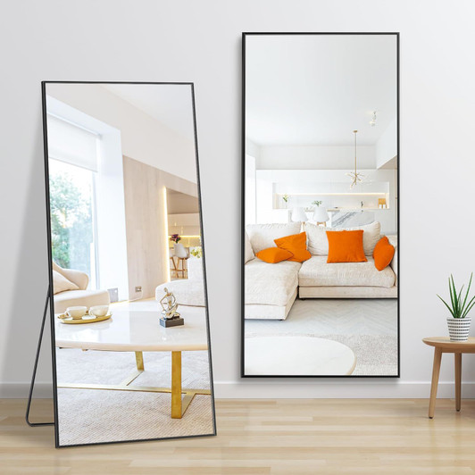 A2ZHOME 64" x 21" Black Full Length Mirror – Aluminum Alloy Frame, Free-Standing, Hanging, or Leaning
