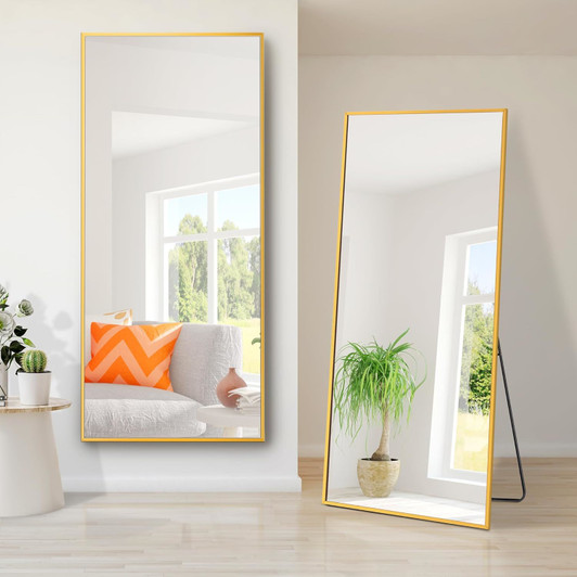 A2ZHOME 71" x 24" Gold Full Length Mirror with Stand – Aluminum Alloy, Shatter-Proof, Free Standing or Wall-Mounted